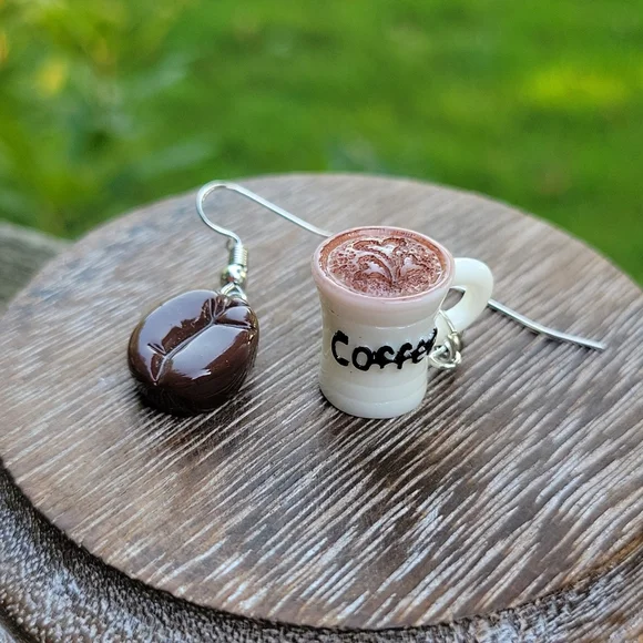 Coffee Bean and Mug Mismatched Drop Earrings - Picture 4 of 7